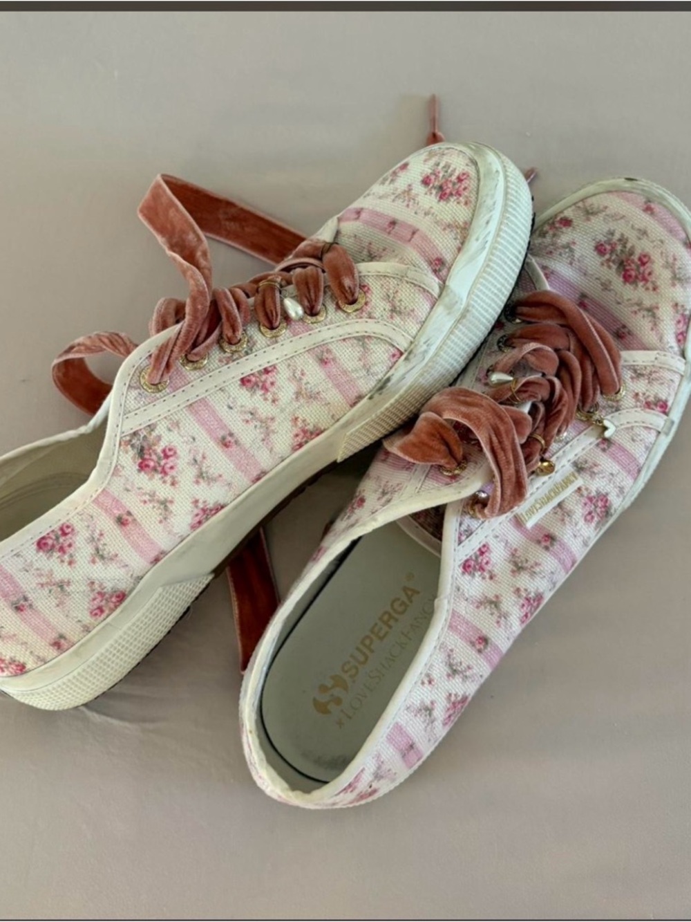 Love Shack Fancy Superga Pink Floral Velvet Ribbon Sneakers